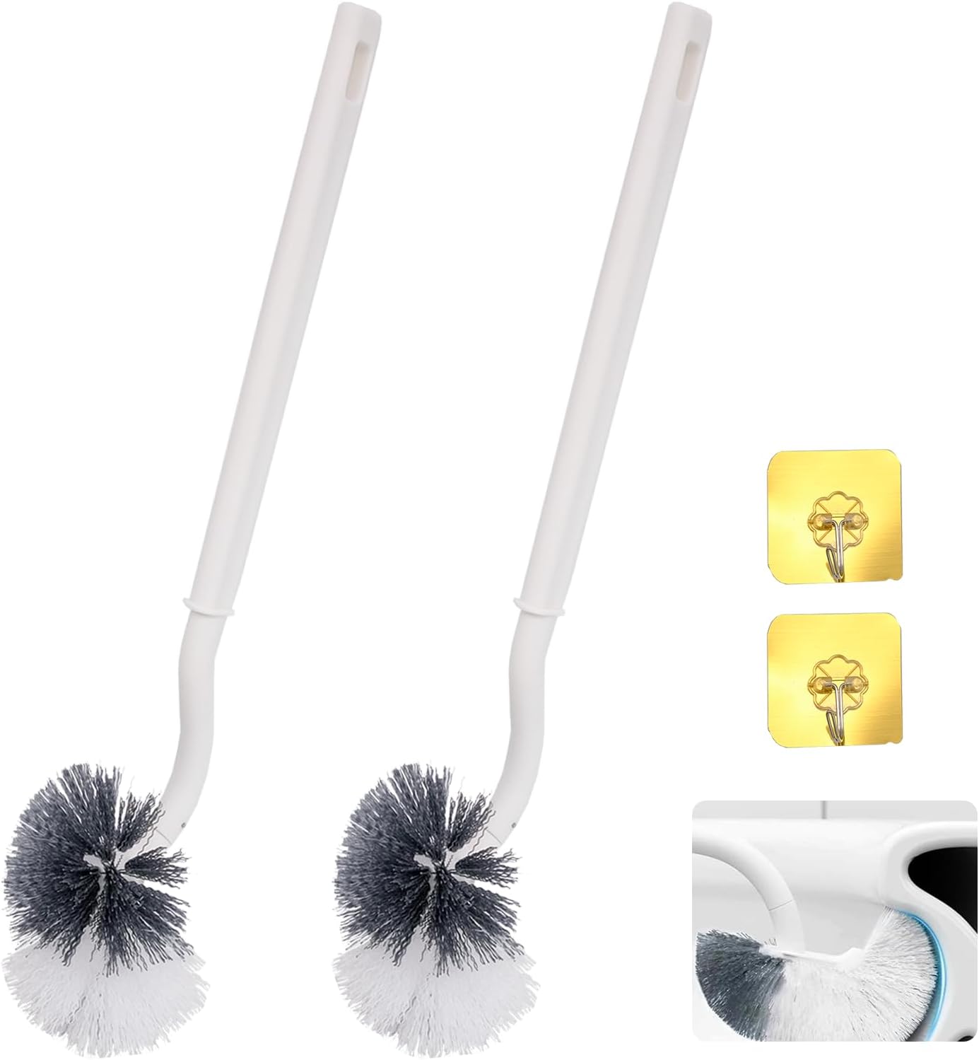 Pack of 2 Toilet Brushes, Long Handled Toilet Brush with Curved Design, Plastic Brush Set with Strong Bristles for Deep Cleaning, Effective Cleaning for Toilets (White)