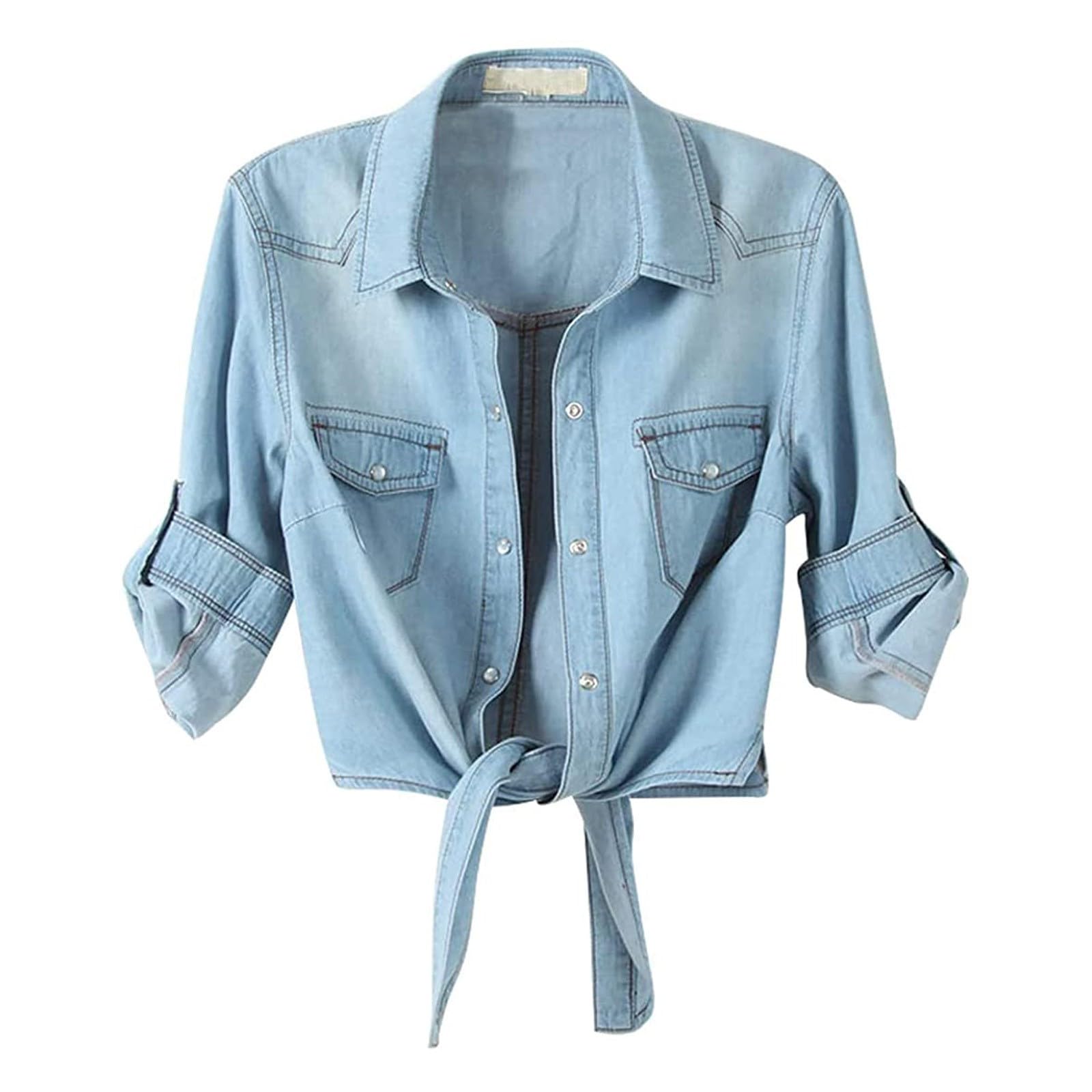 Generisch Damen Casual 3/4 Ärmel Button Down Crop Jean Top Knoten Krawatte Denim Hemd Jacke