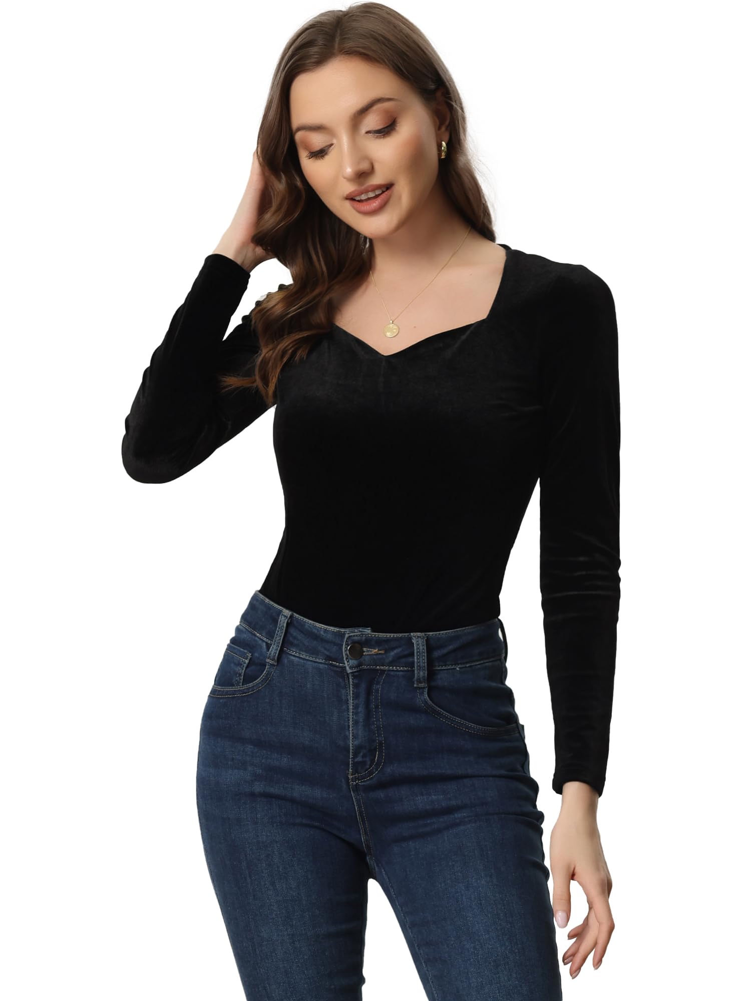 Allegra K Disfraz de Navidad Top de Terciopelo para Mujer con Cuello en Forma de Corazón Elegante Camiseta de Manga Larga