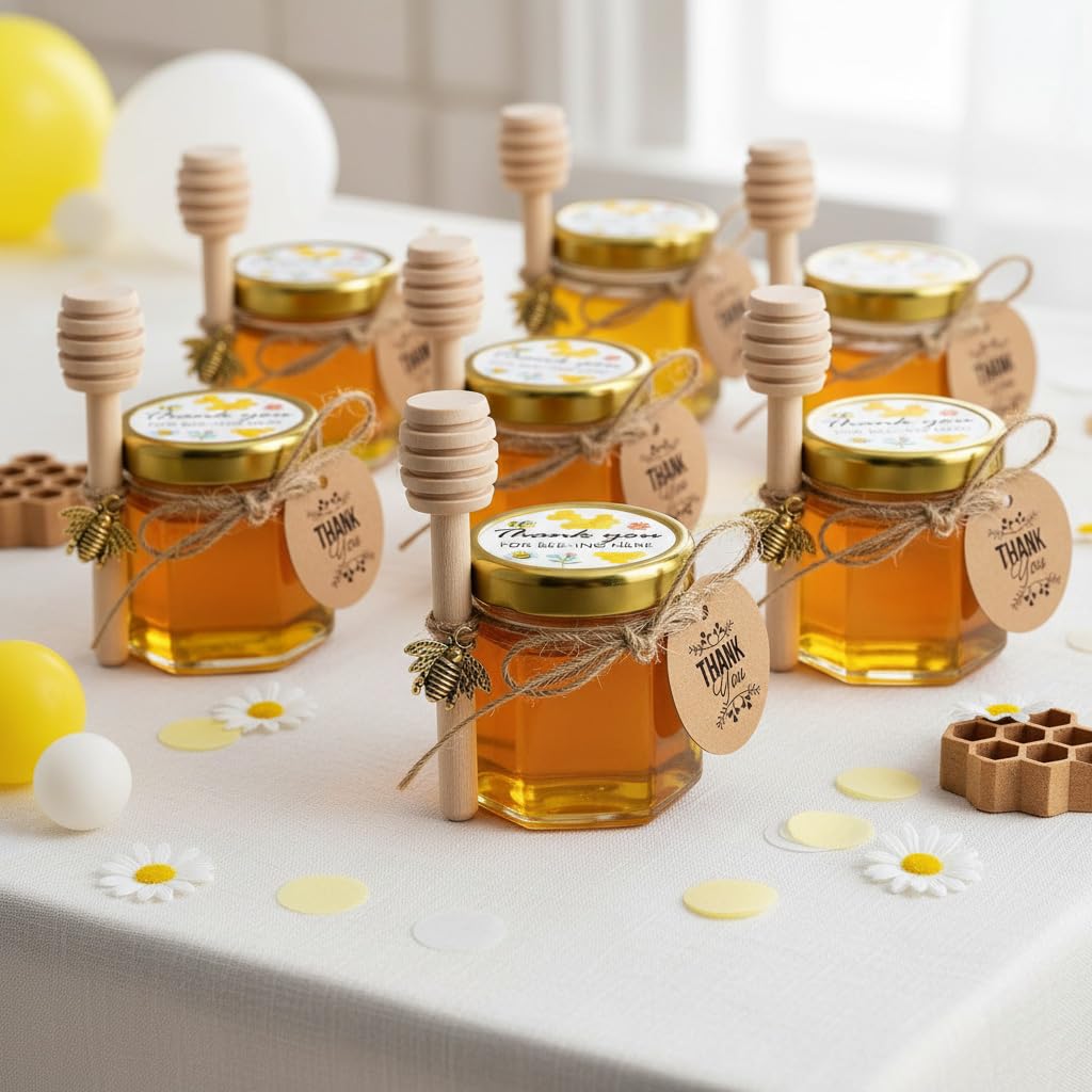 Ahhute Kleine Honiggläser, Honigglas mit Honiglöffel, Kleine Gläser mit Bienen Anhänger, Mini Honigtöpfe mit Organzaband, Mini Gläser für Baby Feier, Hochzeit Gastgeschenk, 40 Stück 45ml