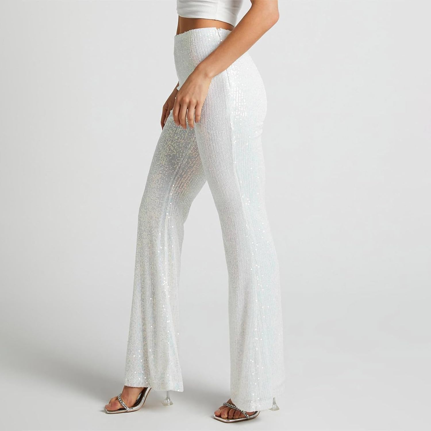 HGps8w Sequin Pants for Women Sparkly Glitter High Waisted Wide Leg Flare Trousers Bell Bottom Night Out Clubwear