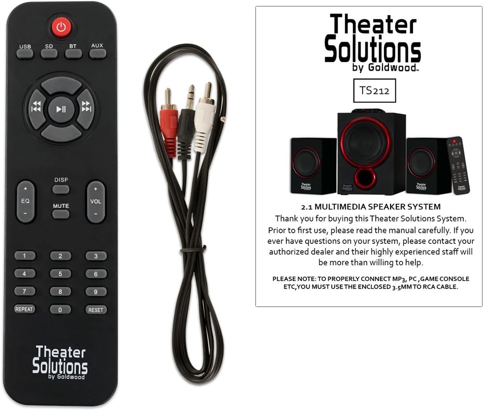 The remote control for the Theater Solutions TS212 speaker system, showing various buttons for power, mode, volume, playback, and EQ.