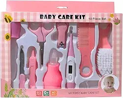 Kit Higiene Bebê Menina Cuidados Essenciais Rosa 10 Peças Lixa de Unha Cortador de Unha Escova de Cabelo Pente Termômetro Dedeira para Escovar Dente Conta-Gotas Sugador Nasal Pinça e Tesoura