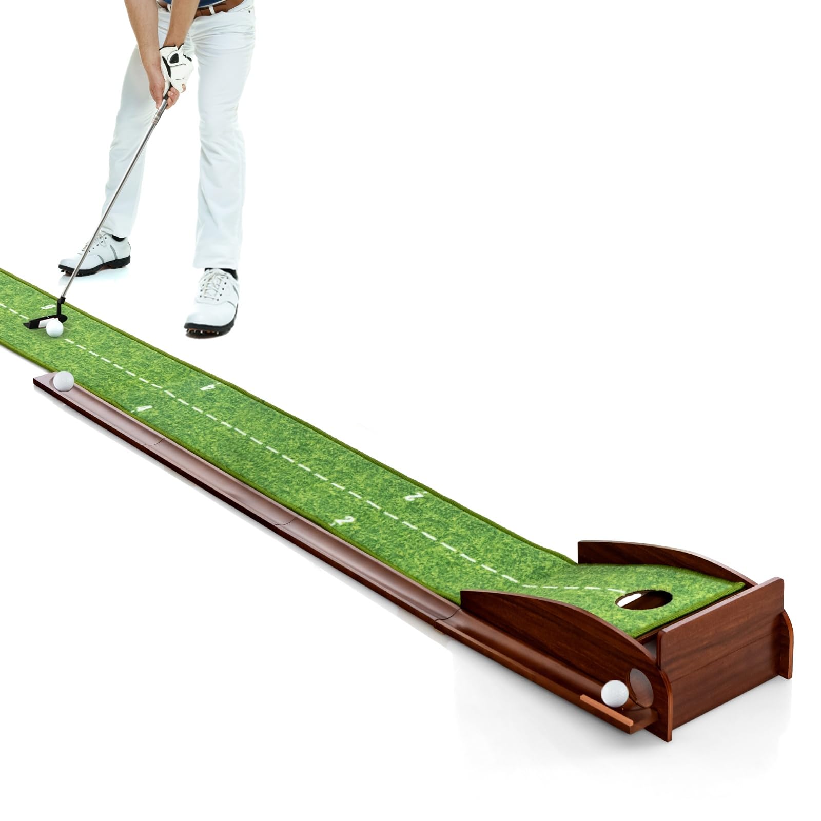 LIFEZEAL Tapis de Putting de Golf avec 1/2/3 Trous et Retour Automatique, Tapis d'Entraînement de Golf avec Boche, Enroulable et Portable, 3 Balons de Golf, Intérieur et Extérieur