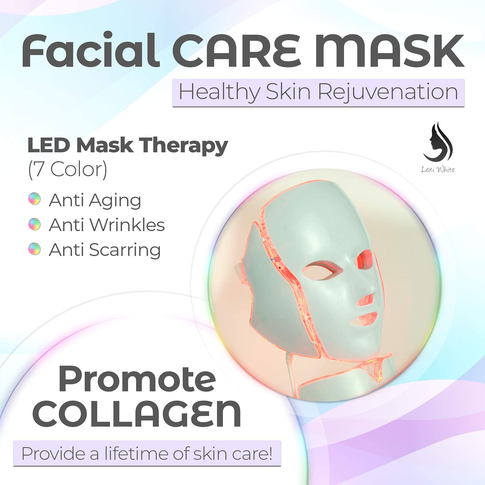 Mascara Facial Luz Led Facial Profesional, 7 Colores Terapia de luz Dispositivo de Belleza de fotones faciales para rejuvenecimiento Facial, Reducción de Arrugas