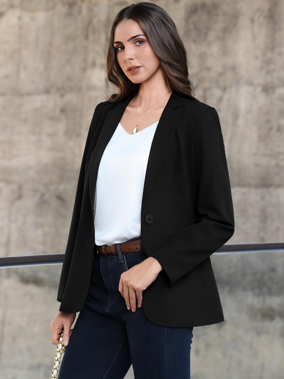 Blazer Femme élégant Business Casual Manches Longues Un Bouton Revers à Rabat Veste de Costume pour Bureau