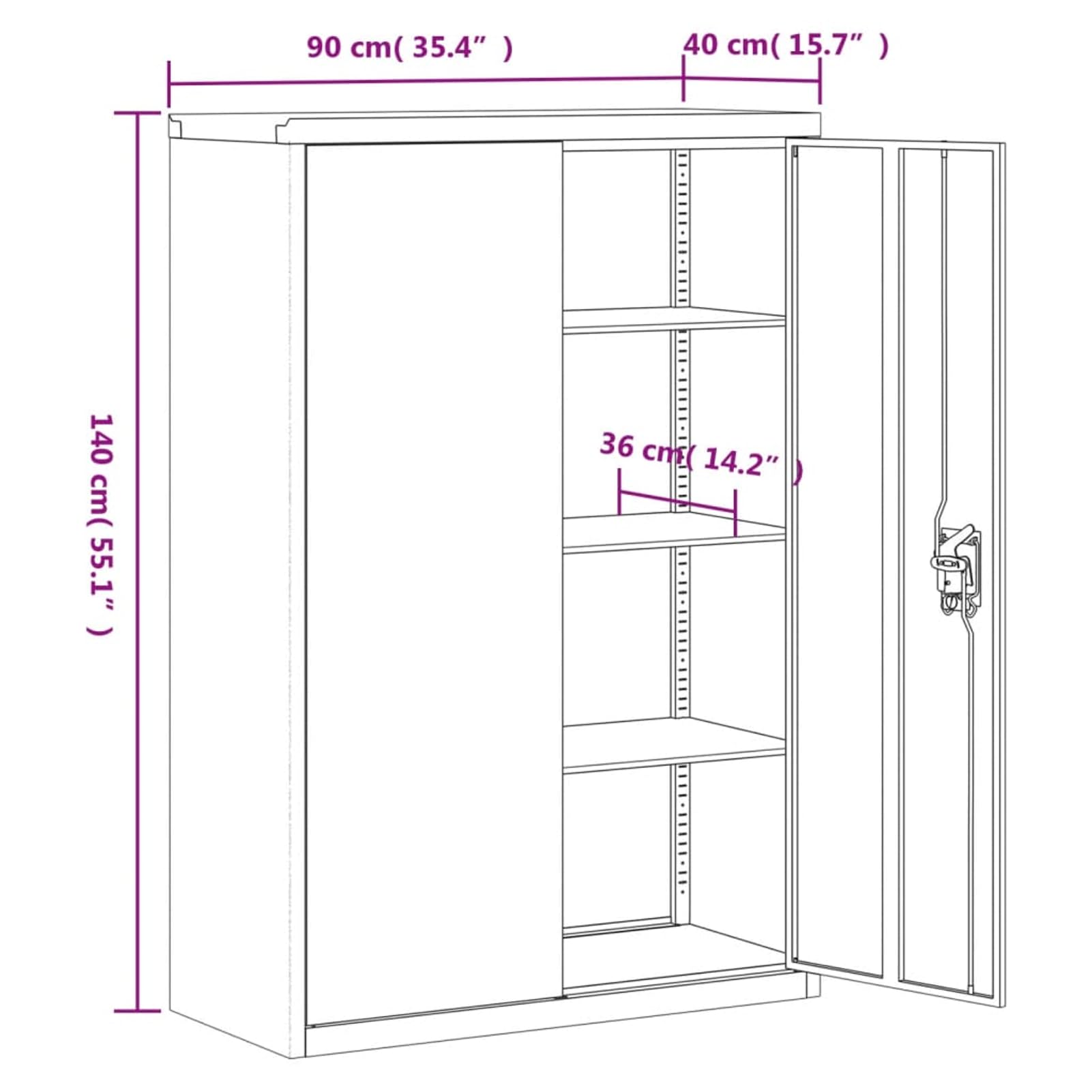Armadietto in acciaio grigio, 90 x 40 x 140 cm, con 2 ante a battente, 3 ripiani regolabili, portata 30 kg per ripiano