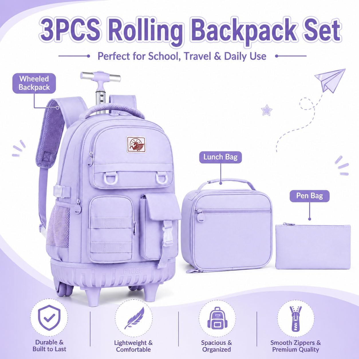 CCJPX Mochila con ruedas para niñas y mujeres, mochila escolar con ruedas de 21 pulgadas, mochila con ruedas con bolsa de almuerzo para adolescentes, 21"púrpura
