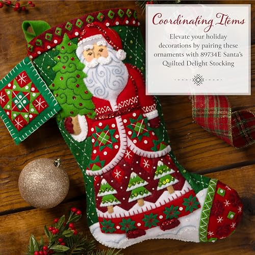 Image of Bucilla Felt Applique 4 Piece Ornament Making Kit, Holiday Quilt Squares, Perfect for DIY Arts and Crafts, 89753E