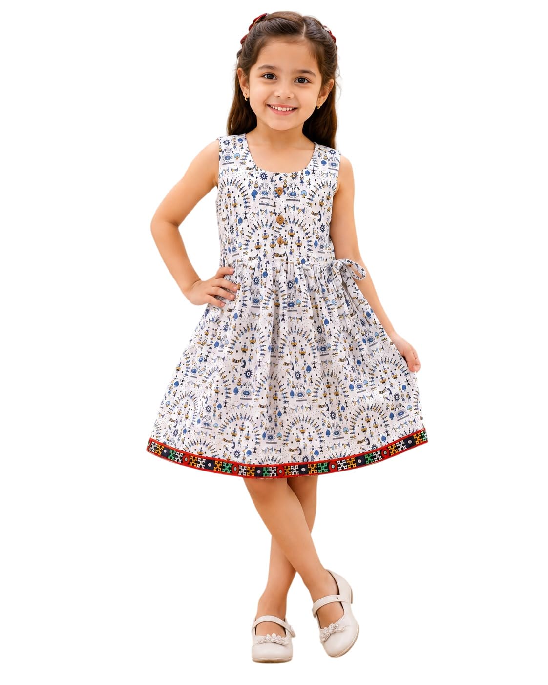 Baby Girls Cotton Warli Print Dress | Sleeveless Kids Frock | Round Neck Button Front Tie Waist Gathered Outfit-picture-25