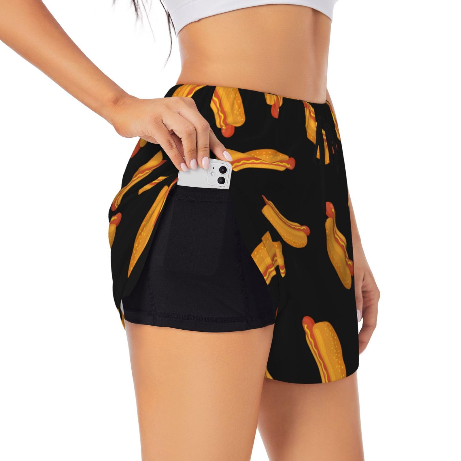 Running Shorts for Women - Cartoon Hot Dog Print Black Athletic Workout Gym Yoga Shorts with Liner Pockets