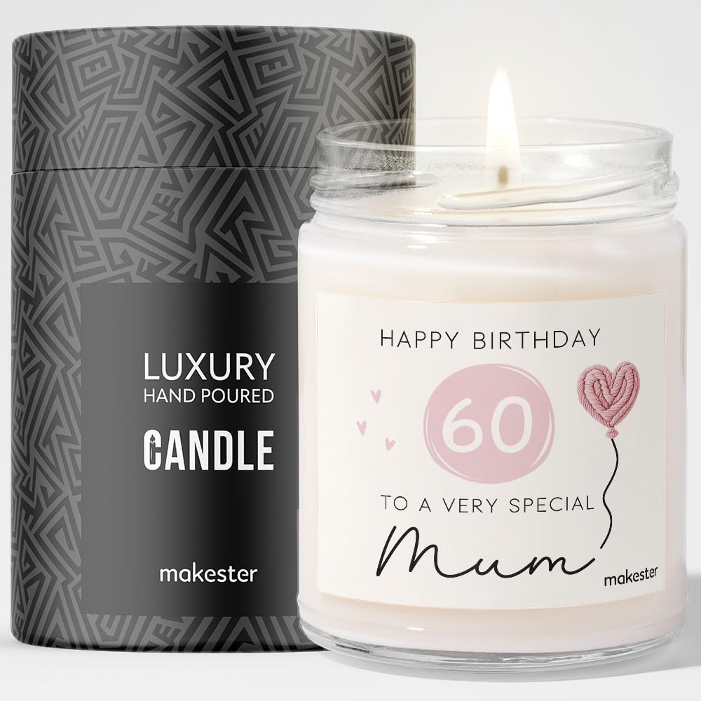 Makester White 60Th Birthday Gift For Mum - Luxury Soy Wax Candle - Vanilla, Jasmine, Sugared Almond