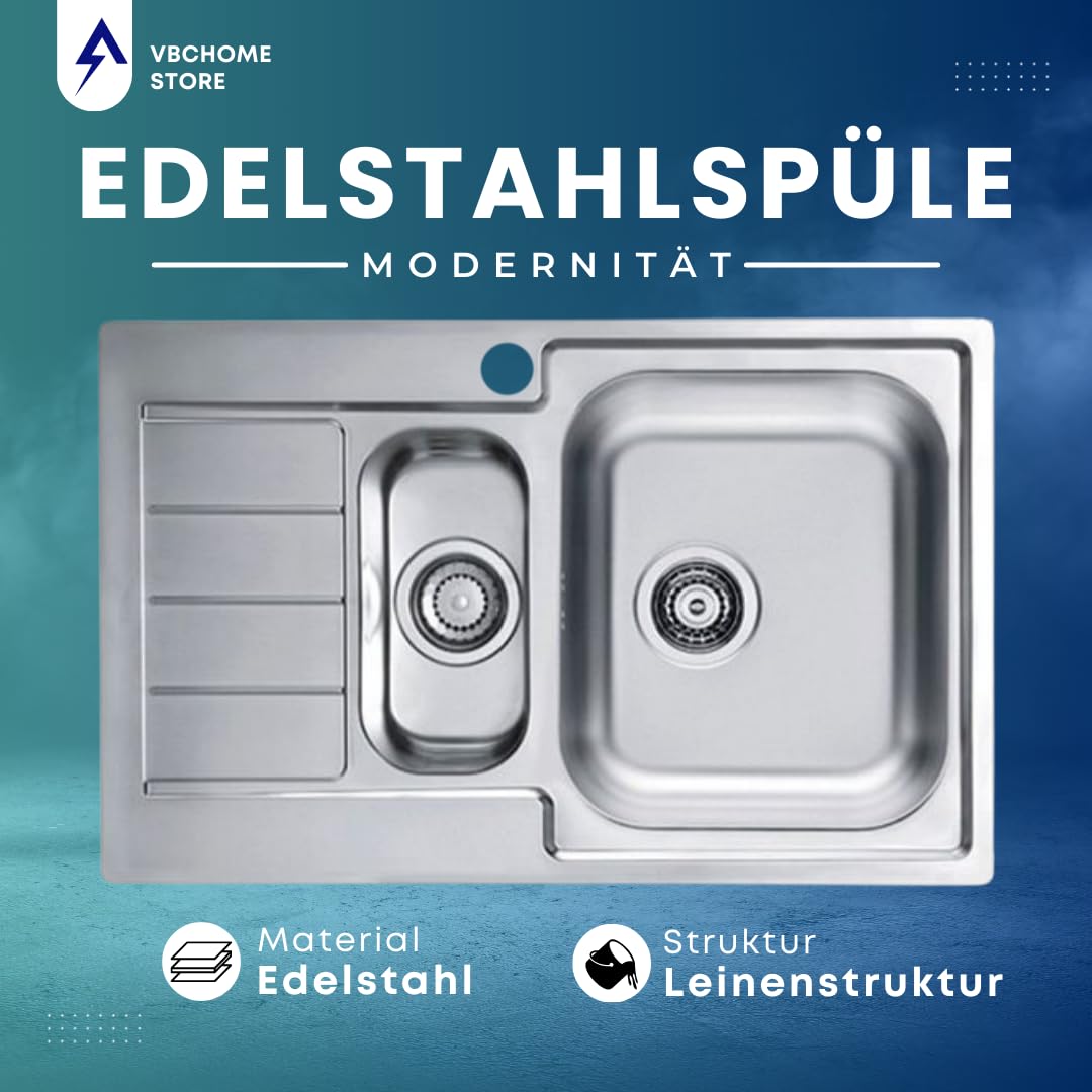 VBChome Edelstahlspüle 79x50 cm Leinenstruktur Einbauspüle Spülbecken mit Hahnloch Abtropffläche Links Camping 1,5 Becken Ablaufgarnitur
