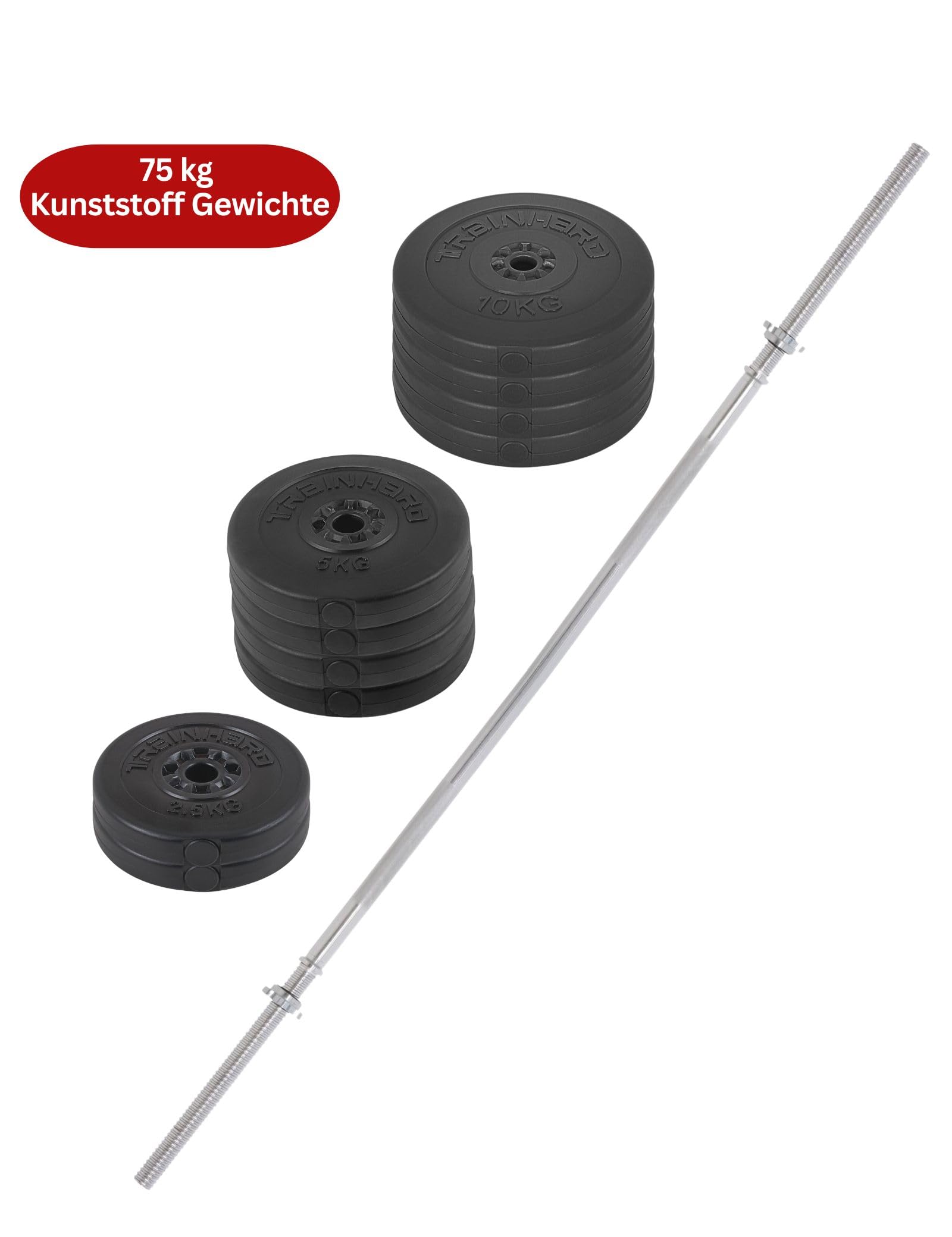 TrainHard 75 kg zestaw długich hantli z sztangą 1,8 m, nakrętkami śrubowymi i obciążnikami (2 x 2,5 kg, 4 x 5 kg, 4 x 10 kg)