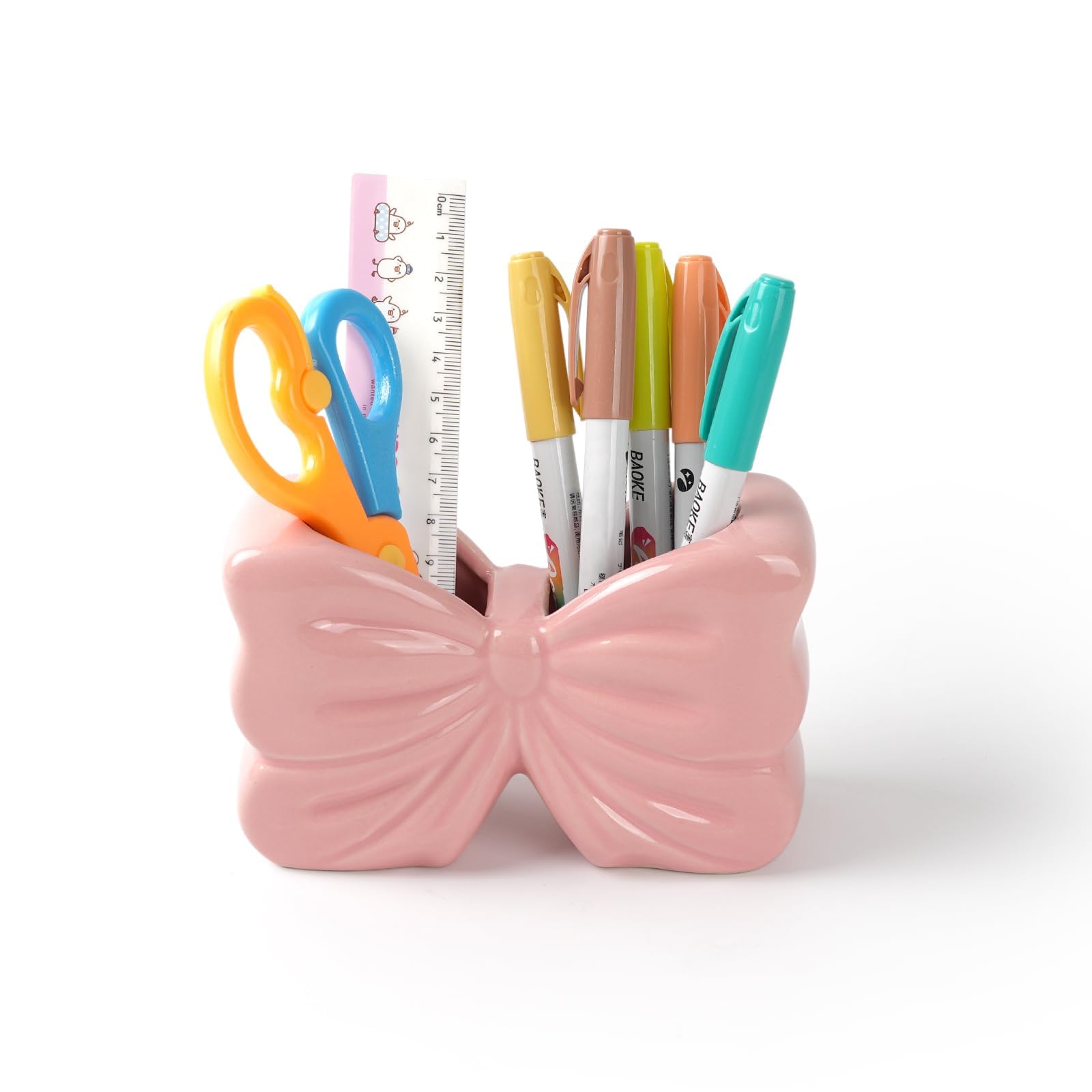 Bow Pencil Holder, Ceramic Pen Holder for Desk, Cute Makeup Brush Stand Organizer, for School, Home, Office Desk Decor (Pink)
