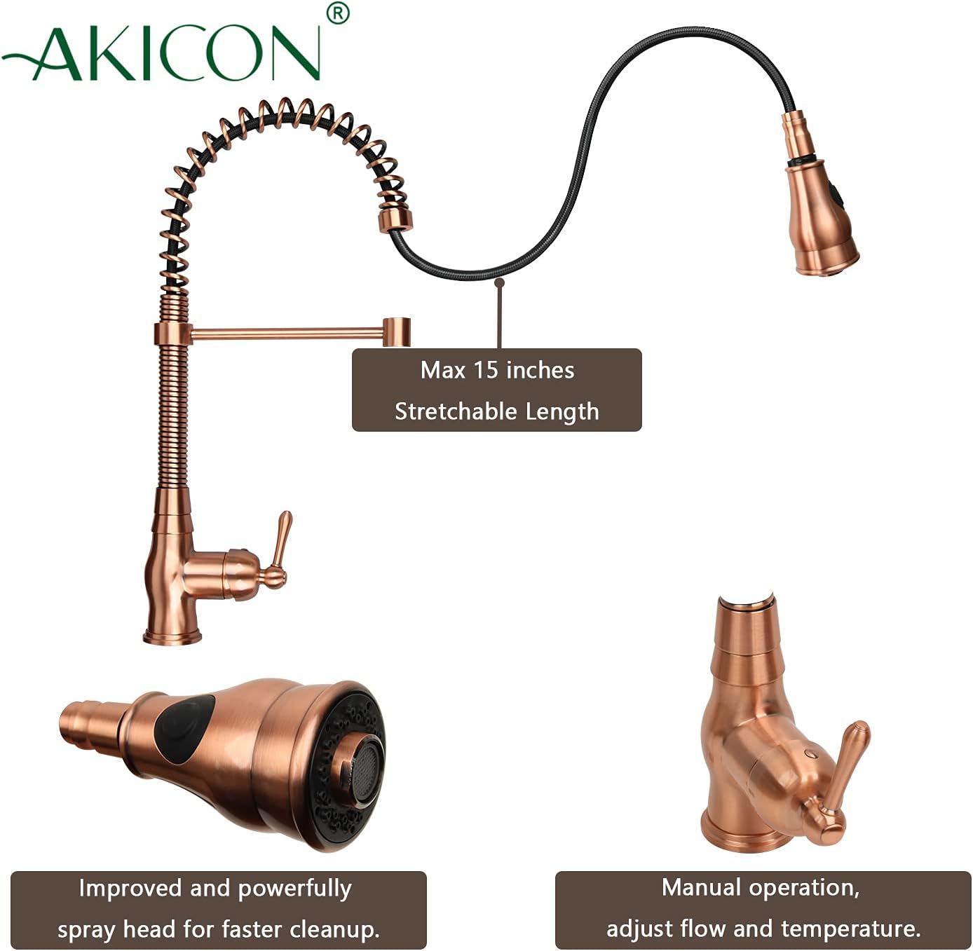 Akicon Copper Kitchen Faucet with Soap Dispenser, Single Handle Solid Brass High Arc Pull Down Sprayer Head Kitchen Sink Faucets with Deck Plate OH518A