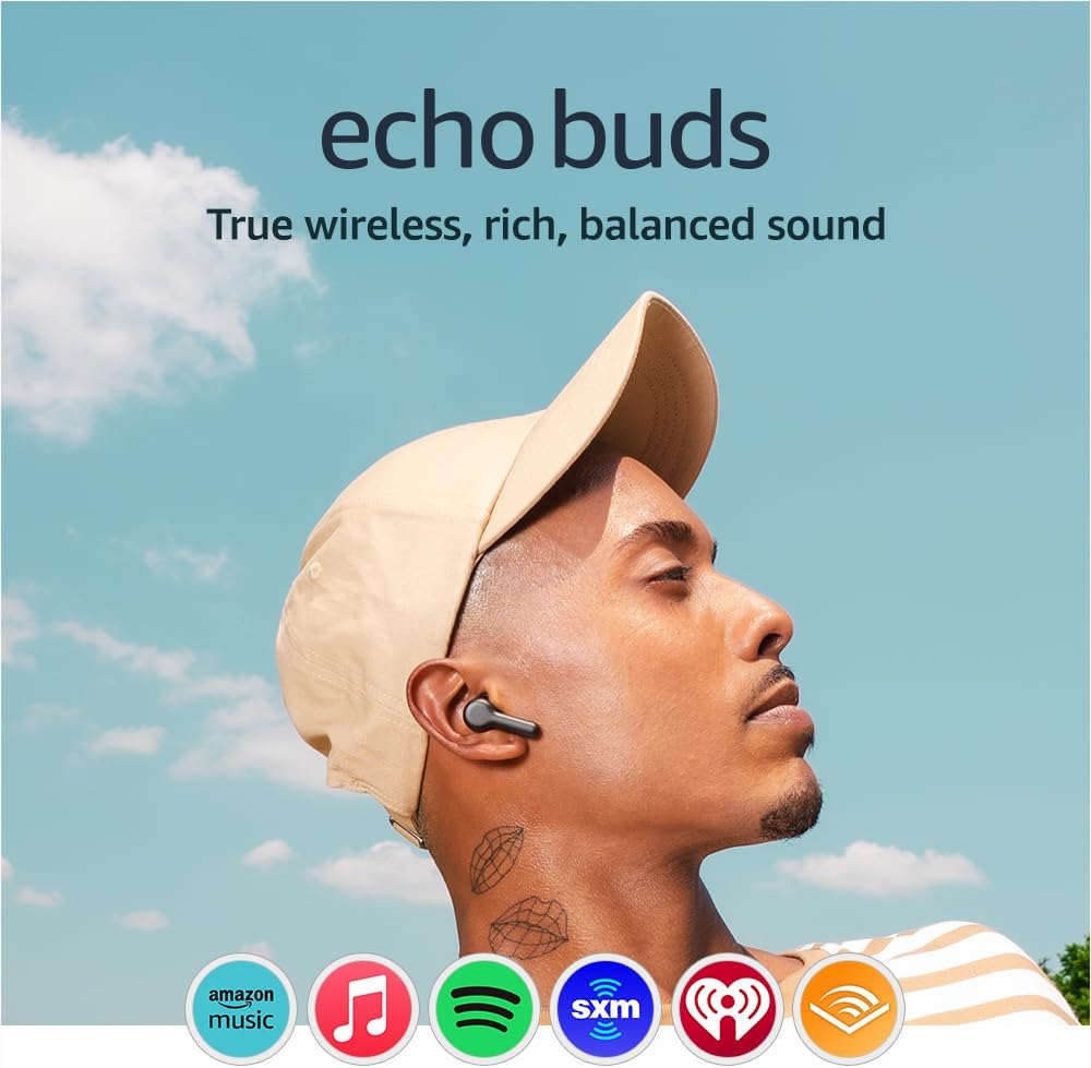 Amazon Echo Buds, True Wireless Bluetooth 5.2 Earbuds with Alexa, audio personalization, multipoint, 20H battery with charging case, fast charging, sweat resistant, Black