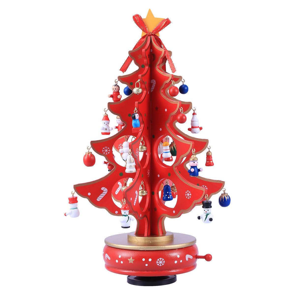Cabilock Christmas Tree Classic Music Box Wooden Clockwork Design Christmas Tree With Snowman Pendants Miniature Handmade Melody Box Ornaments for Holiday Festival Red
