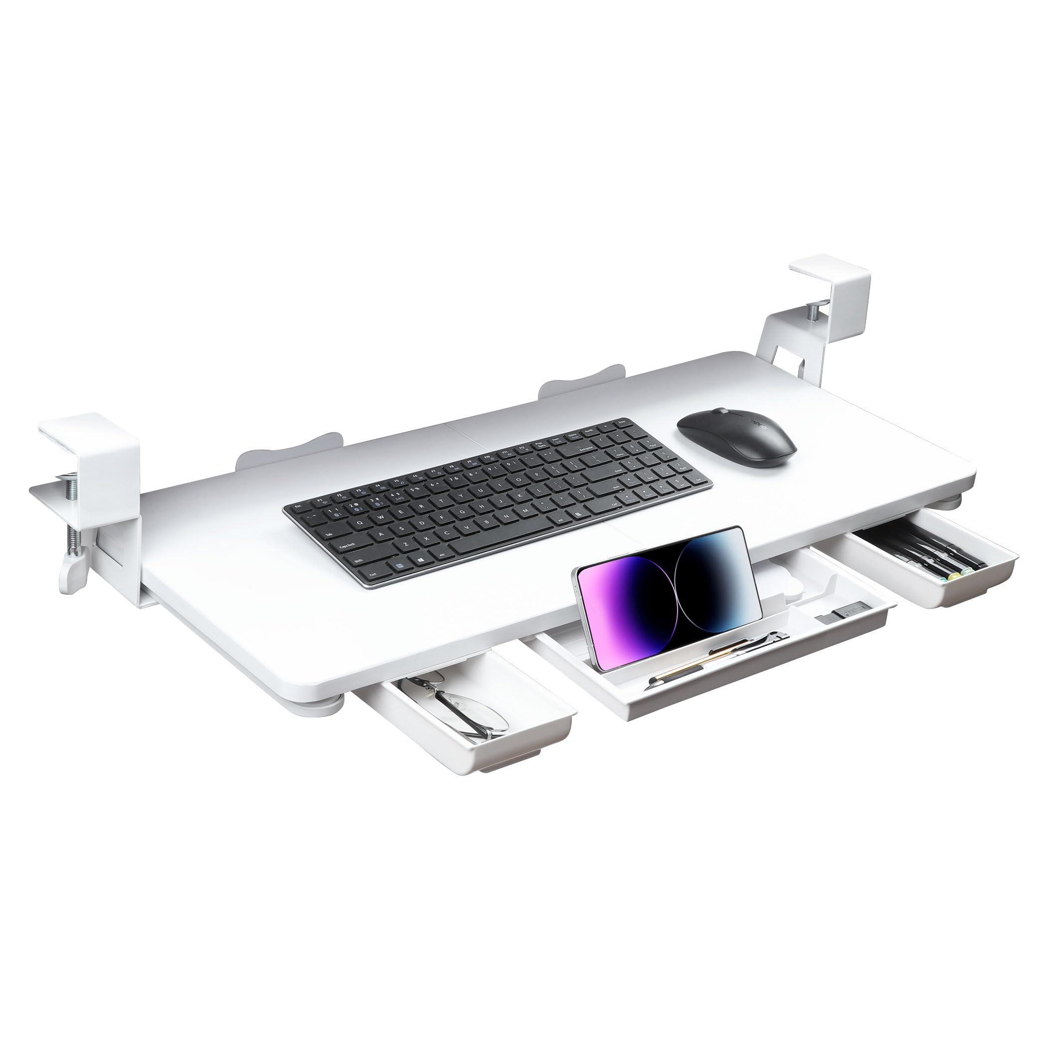 Keyboard Tray Under Desk with Drawer,26.77" X 11.81"Large Size Keyboard Tray with C Clamp-on Mount, Easy to Install, for Home Office (White)