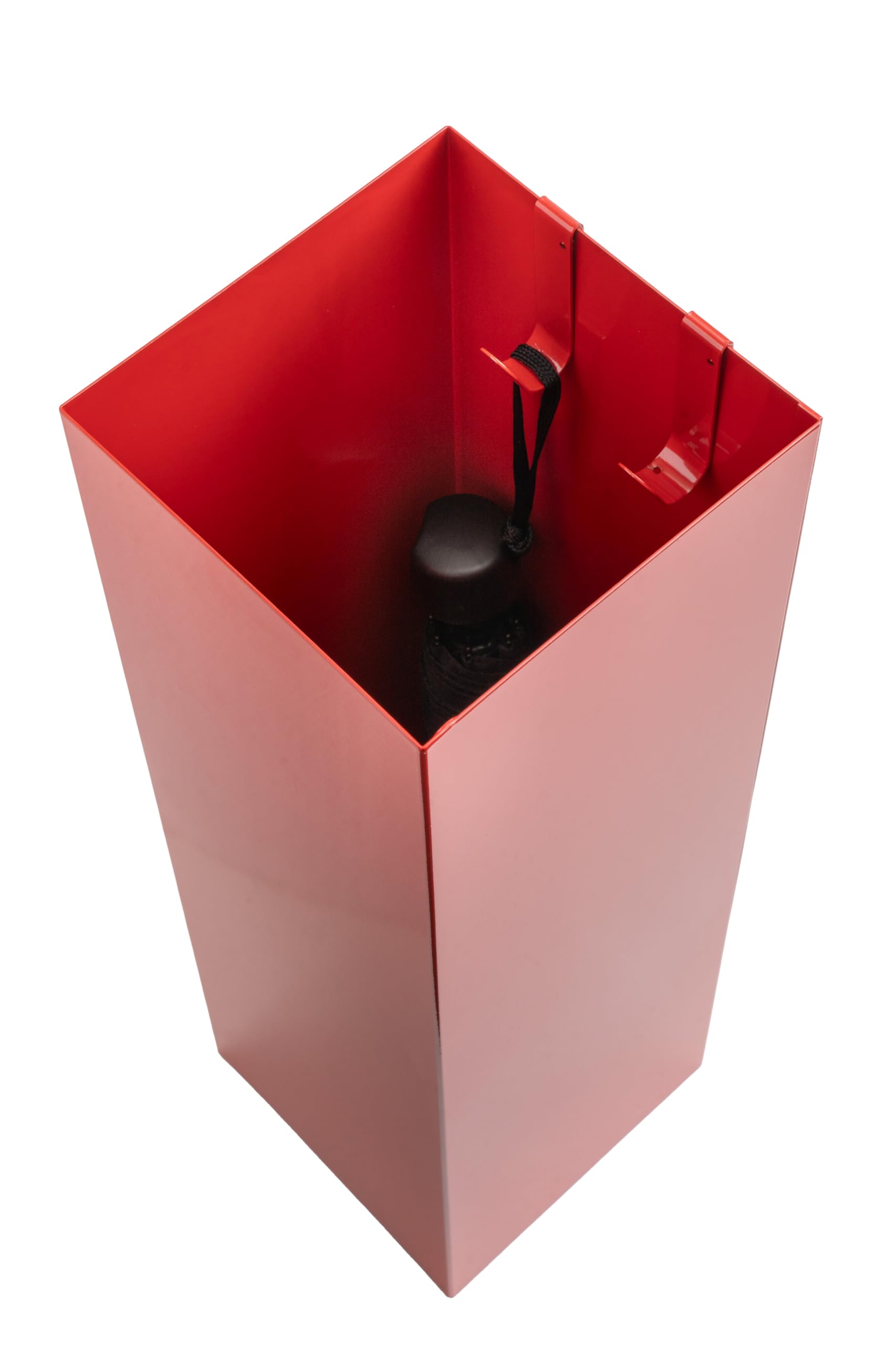 Schirmständer rot mit modernem Design aus Metall für Heim und Büro, Design-Ständer, 2 Haken, 2x Wasserauffangschale herausnehmbar, 15,5x15,5x49cm, quadratisch, Regenschirmständer