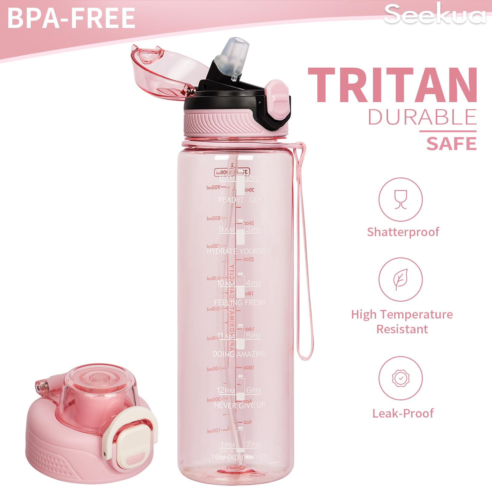 Seekua Sportiva Borraccia Motivazionale 0.6l / 1l / 2l con Cannuccia & Orari per Bere Bottiglia Acqua Tritan per Bici, Palestra, Sport, 2 Coperchi, 1 litro