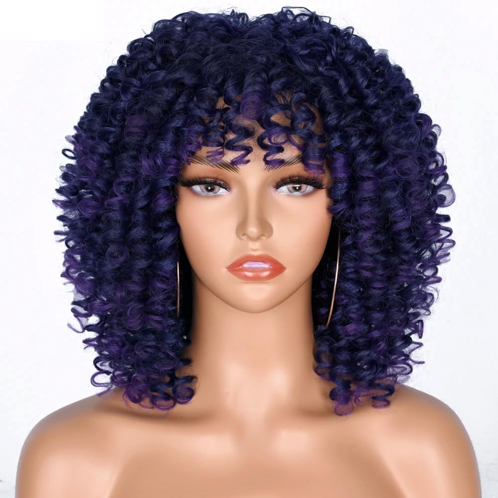 Colorful panda Deep Curly Afro Wigs for Women Medinum Length Natural Synthetic Hair Afro Kinky Curly Wig for Costume Wig or Daily Wear (Black mixed Purple) - Image 3