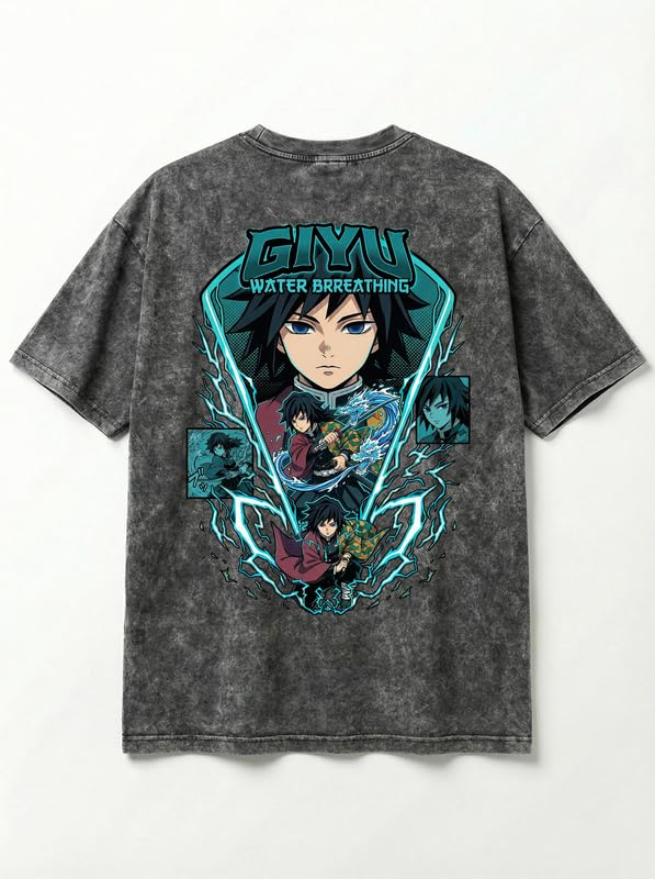 Image of Anime Printed T Shirt for Men | Demons Slayer Giyu Graphic Cotton Oversized Drop Shoulder | Black Round Neck Short Sleeve | Lightweight Casual Wear