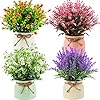 Fake Potted Plants - Set of 4 Artificial Potted Flowers Faux Plants Lavender in Macaron Pot Plastic Flowers Bonsai for Indoor Outdoor Home Kitchen Office Desktop Wedding Decor -(Medium,10.5 inch)