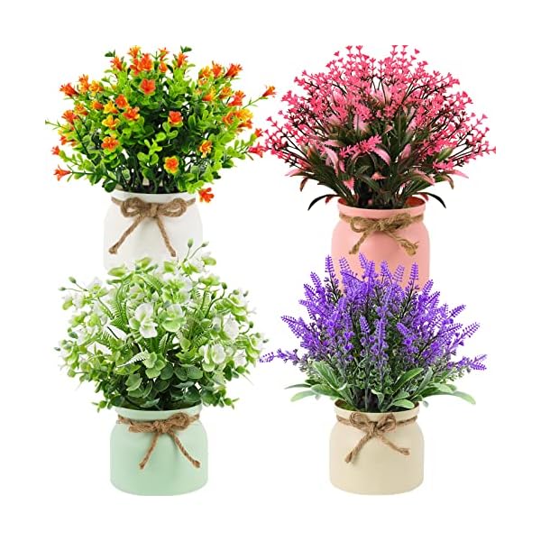 Fake Potted Plants - Set of 4 Artificial Potted Flowers Faux Plants Lavender in Macaron Pot Plastic Flowers Bonsai for Indoor Outdoor Home Kitchen Office Desktop Wedding Decor -(Medium,10.5 inch)