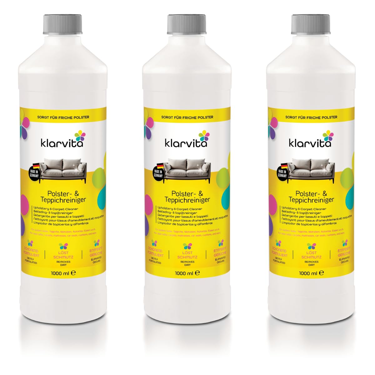 Polster- & Teppichreiniger 3x 1000ml - KONZENTRAT - Für Sofa, Teppich, Matratzen & Autositze - Tiefenreiniger gegen Flecken, Schmutz & Gerüche - Für Waschsauger & Nasssauger
