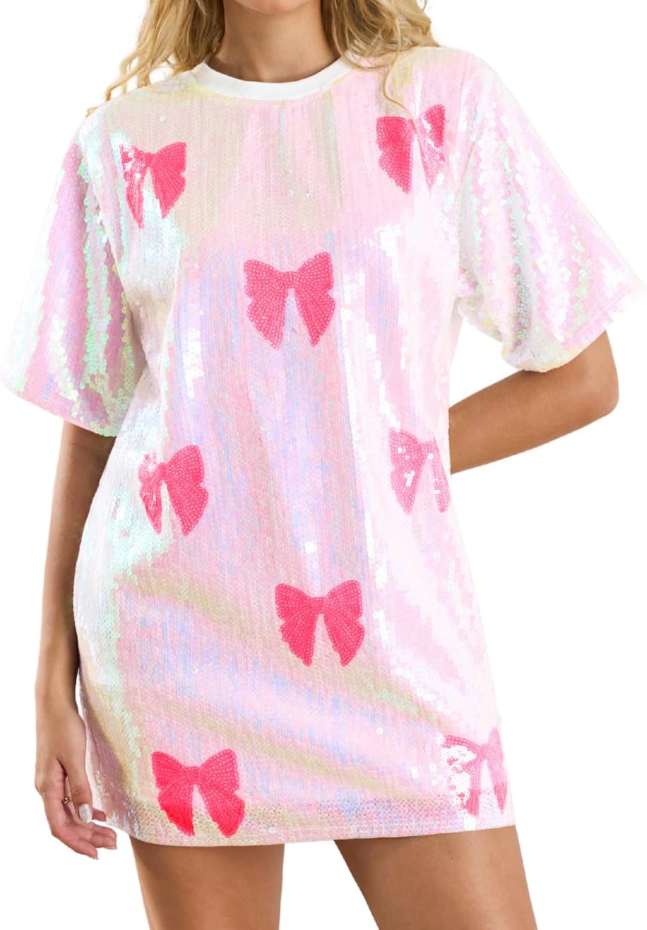 Sequin T-Shirt Dress, Sparkly Bow Tops, Concert Rave Outfits, Glitter Shiny Mini Dresses for Women Shirts