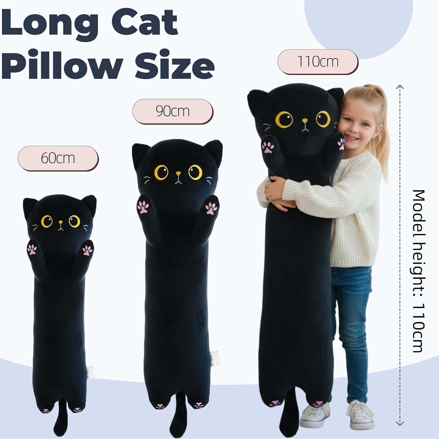 Somao Giant Black Cat Plush Pillow - 43.3" Extra Long Stuffed Animal Body Pillow for Kids & Adults, Super Soft Huggable Black Cat Plushie Toy Gift for Christmas, Birthday, Halloween