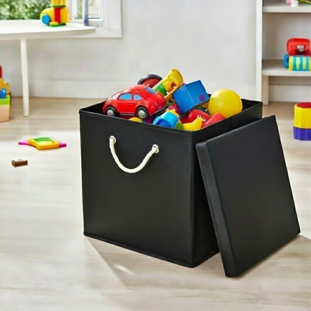 4er Set Schwarz Faltbox 30 x 30 x 30 cm Aufbewahrungsbox faltbar mit Kordel und mit Deckel
