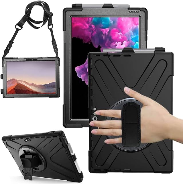 TECHGEAR X-Case fits Microsoft Surface Pro 7 / 7 Plus 6 5 4 12.3" Tough Rugged HEAVY DUTY Armour Shockproof Impact Case with 360 Rotating Stand, Hand Strap and Shoulder Strap Case - Black