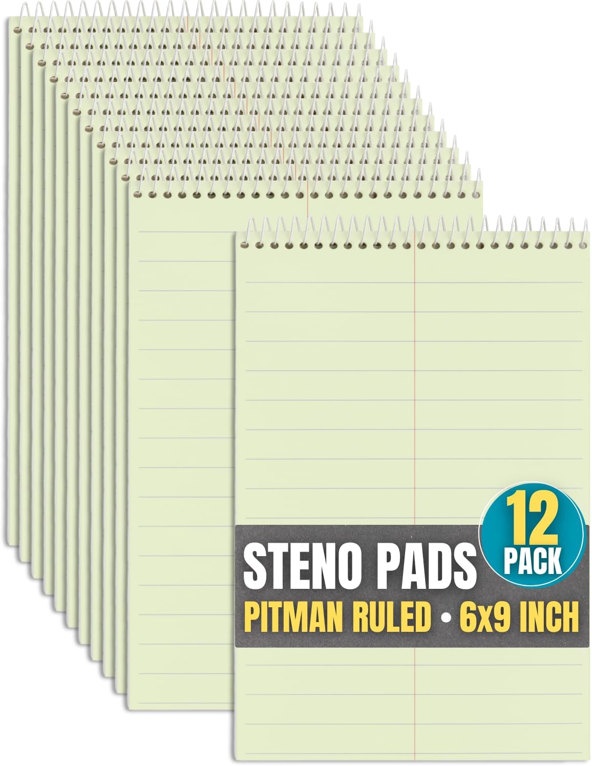 1InTheOffice Steno Pads Spiral 6x9, Steno Note Pads, Spiral Steno Pads, Pitman Rule, 60 Sheets/Pack, Green, 12 Pack