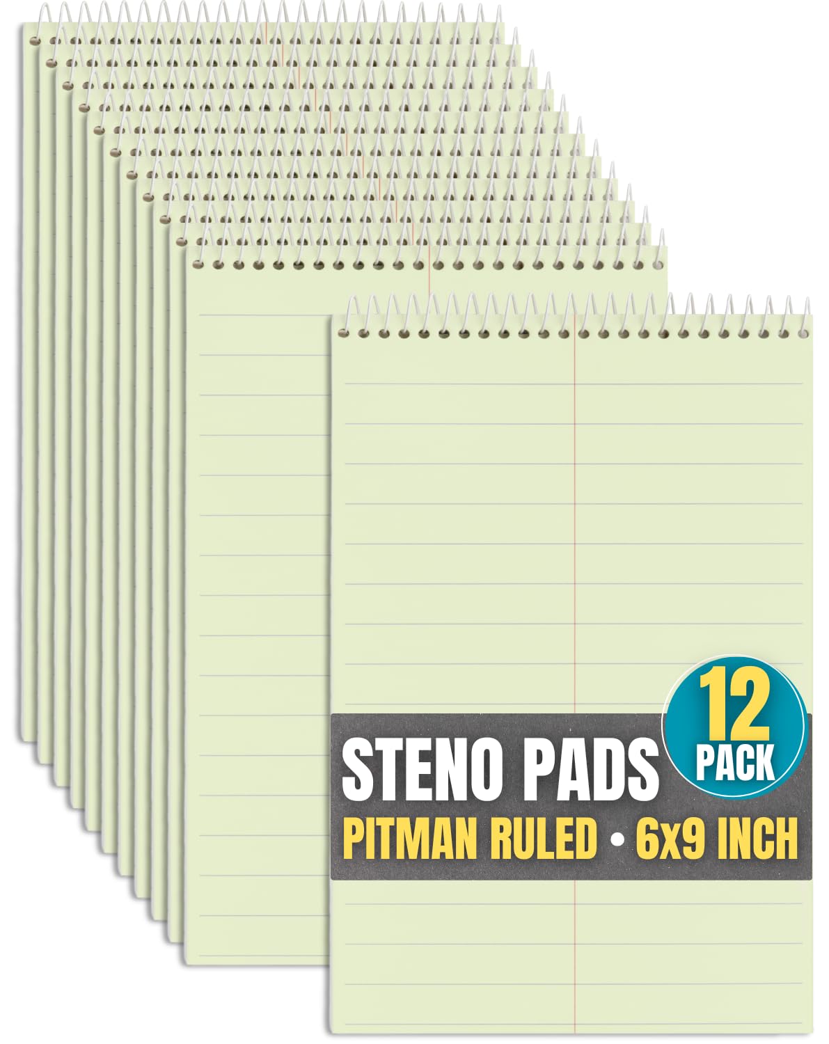 1InTheOffice Steno - Blocchi a spirale 15 x 22 cm, blocchi per appunti Steno, Pitman Rule, 60 fogli/confezione, verde, confezione da 12