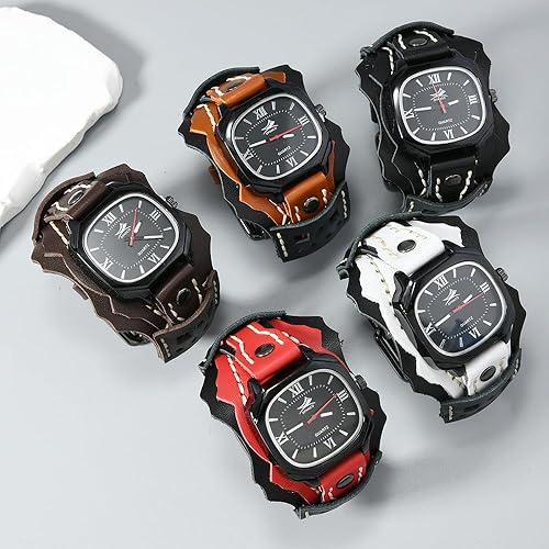 Miniatura 3 de MINILUJIA Relojes hechos a mano para hombre con cuerda de cera cosida, estilo vintage, punk, hip-hop, gótico, ancho, de cuero genuino, suave, reloj