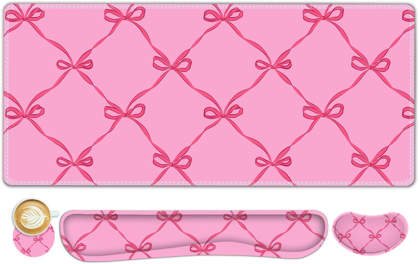 ToLuLu Large Mouse Pad Desk Pad Set, Wrist Rest Support Desk Mat for Keyboard Mouse, 4PCS 35.4”x15.7 XXL Giant Mouse Pad, Non-Slip Base Stitched Edges Mousepad Office Desk Decor, Hot Pink Bow