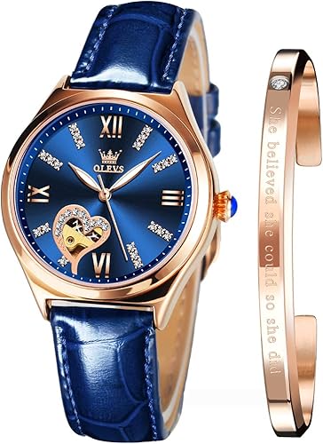 OLEVS Reloj mecánico automático para mujer, correa de cuero, cuerda automática, reloj de pulsera para mujer, esfera de corazón de diamante,
