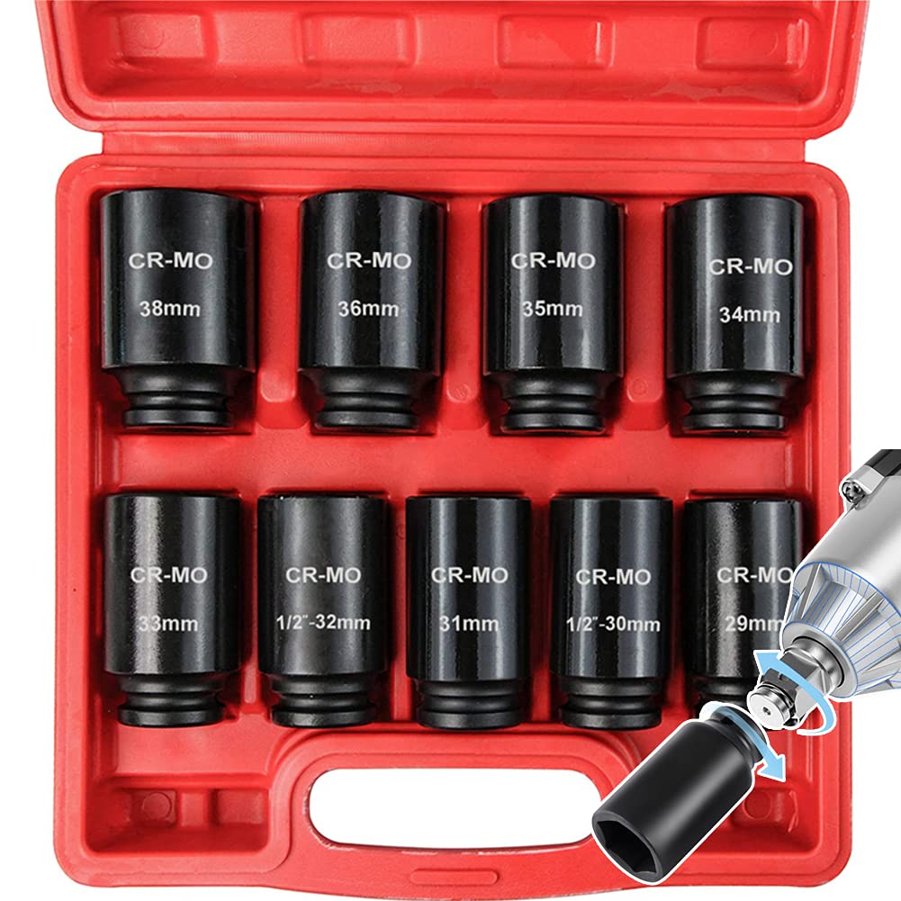 JoyTube 1/2” Drive Deep 6-point Spindle Axle Nut Impact Socket Set CR-MO 29 to 38 mm Heavy Duty Impact Socket Set (9 Pieces, Metric)