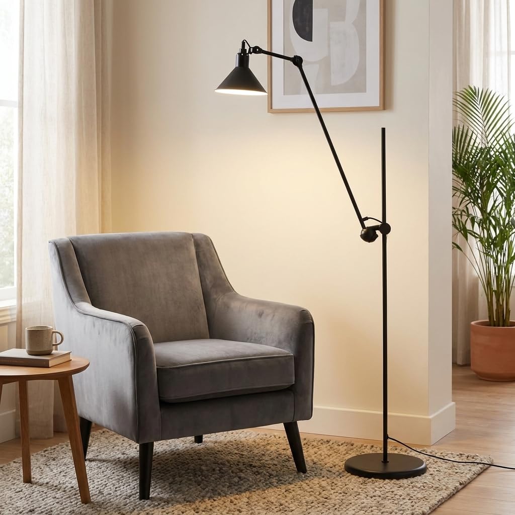 Barcelona LED Candeeiro de Pé Articulado RUBY 215 E27 Preto – Candeeiro Industrial de Chão 360° Ajustável, Base Estável 9 kg, Design Loft para Sala Escritório Estúdio (Lâmpada Não Incluída)