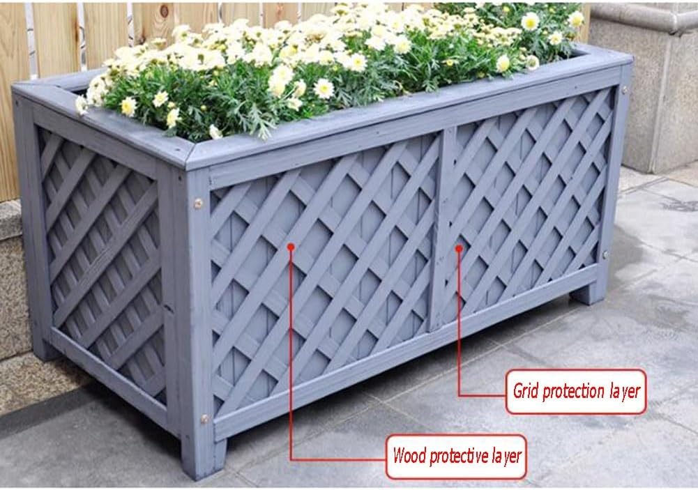 Garden Rectangle Trough with Leg, Wood Planter Raised Beds Grow Container Three-Dimensional Elevated Planting Box, Creative Balcony Flower Pot with Grid Protection Layer (Color : Gray, Size : 100x40