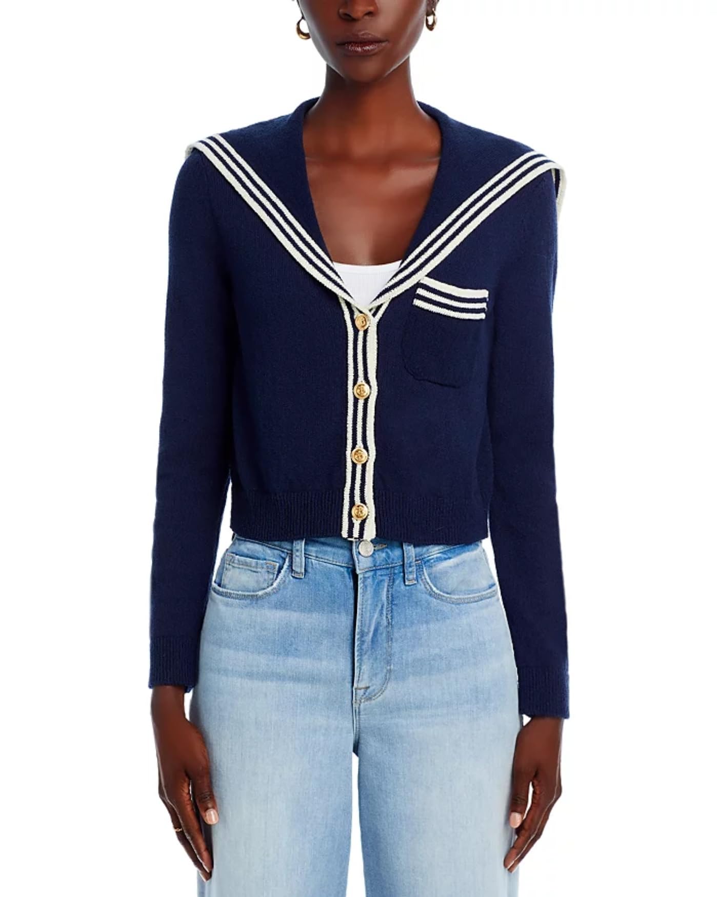Womens V Neck Cardigan Sweaters Cropped Sailor Collar Button Up Knit Long Sleeve Open Front Coat