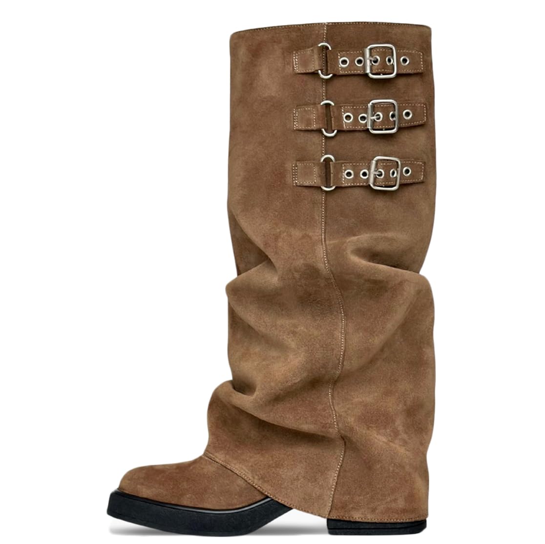 Knee High Boots Women Fall Slouchy Fold Over Tall Boots - Motorcycle Hidden Zipper Fashion Buckle Platform Square