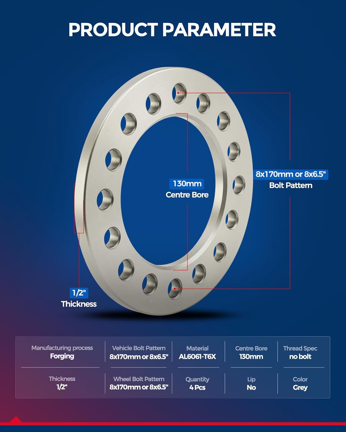 KAX 8x170 or 8x6.5 Wheel Spacers, Forged 1/2" Spacers with Hub Bore 130mm,4Pcs fit for 1994-2007 Ram 2500, 1994-2007 Ram 3500,Grey,Not Hubcentric