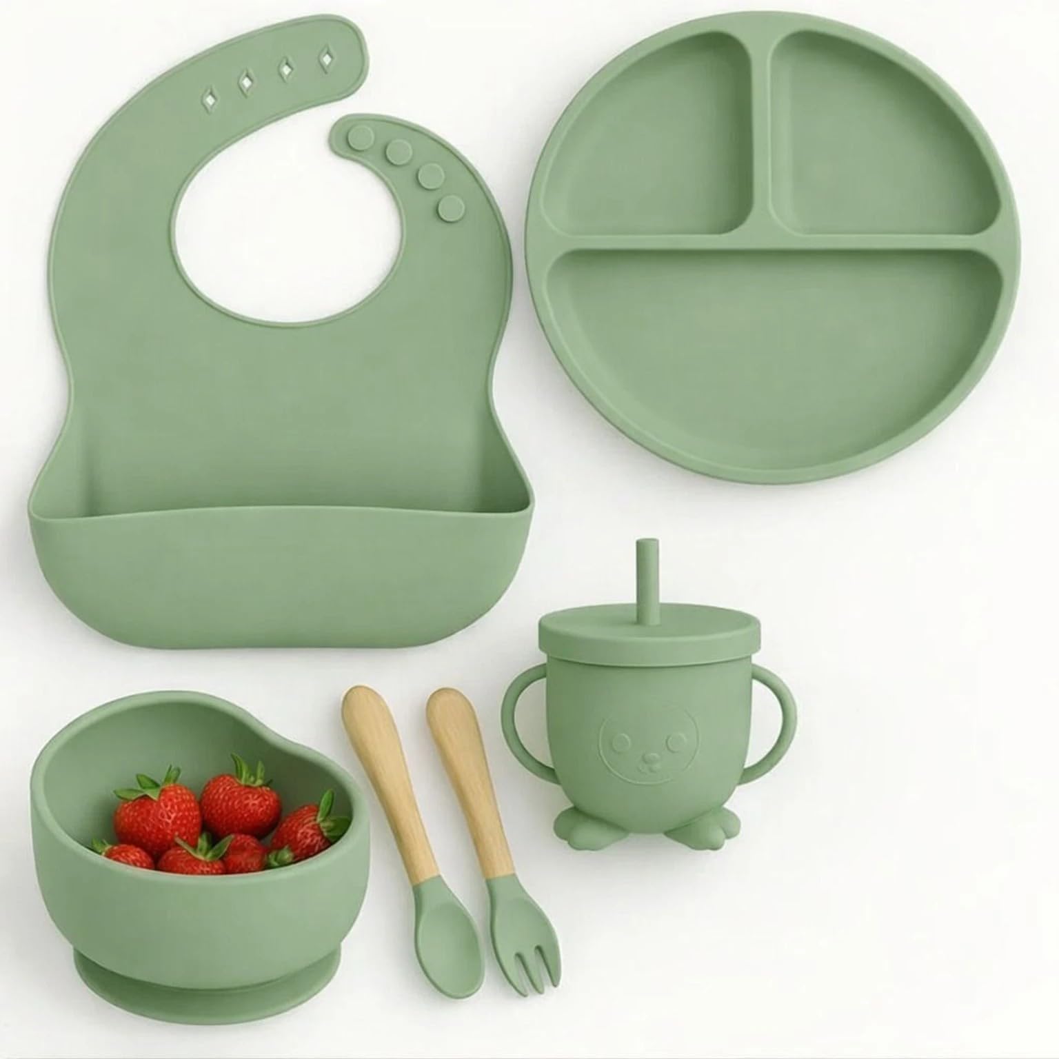 Strike Zone Silicone Baby Feeding Set – Dinnerware Set with Non-Slip Suction Plate, Bowl, Spoon, Fork, Cup, Bib. Dishwasher & Microwave Safe for Babies & Toddlers(Green)-image-27