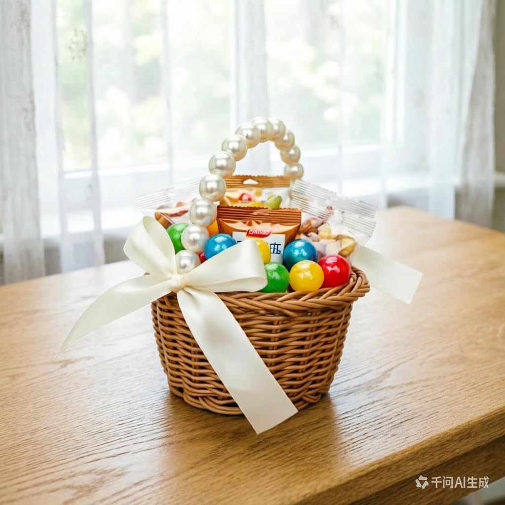 2pcs Wicker Flower Girl Basket,Pearl Handle Bowknot Plastic Flower Baskets For Wedding,Easter,Halloween Party Eggs Candy Baskets Flower Basket