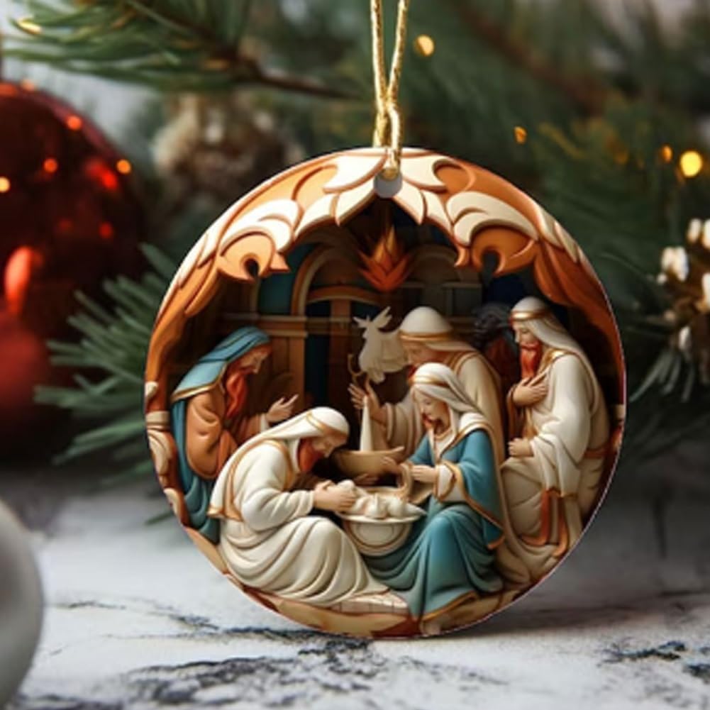 O Come Let Us Adore Him Belén Corteza De árbol De Madera, Adorno De árbol De Navidad De 4 Pulgadas