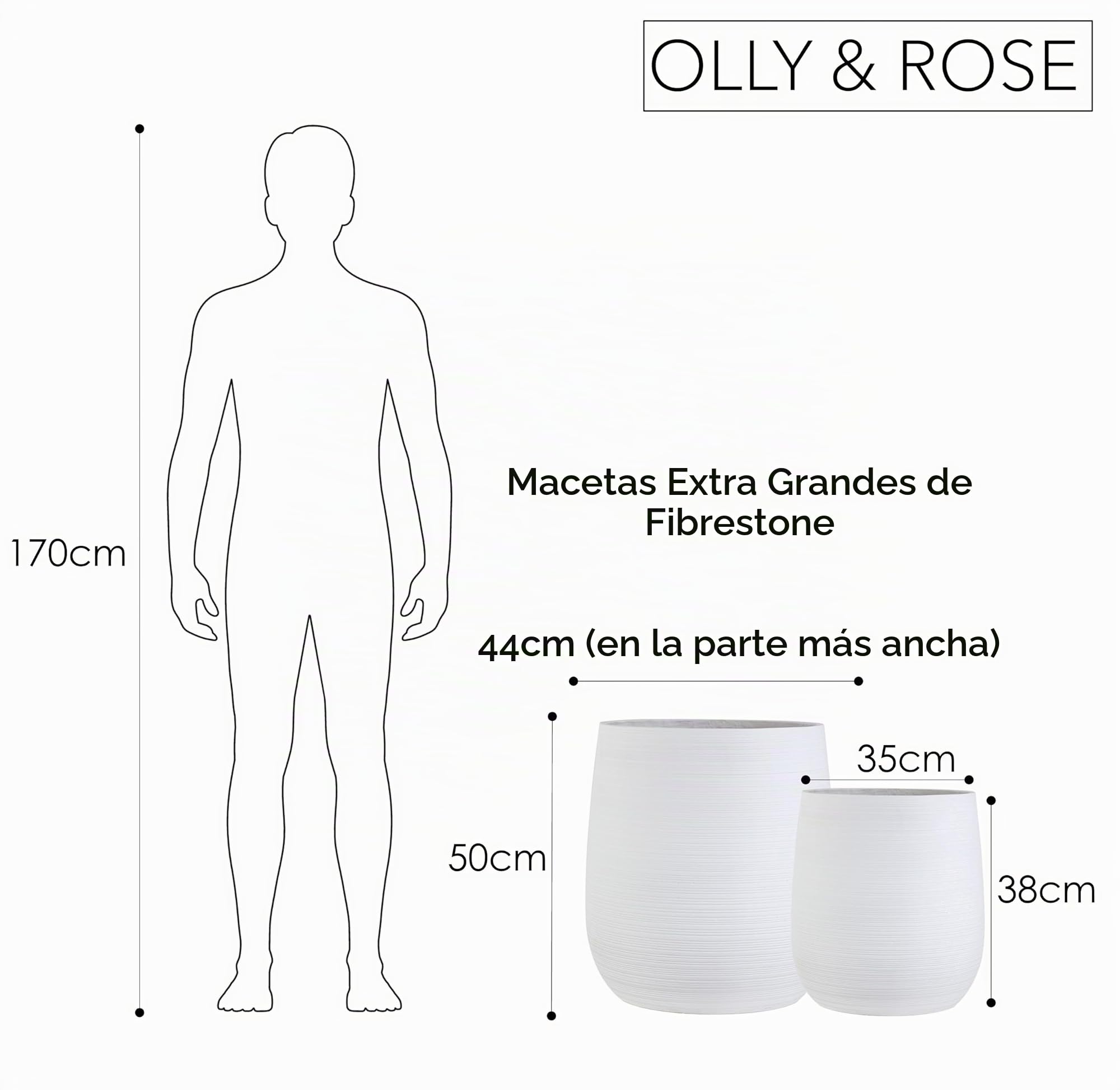 Olly & Rose Maceta extragrande con patrón – Maceta de jardín blanca – Maceta XL – 50 cm de alto x 45 cm de profundidad + 40 cm de alto x 38 cm de profundidad