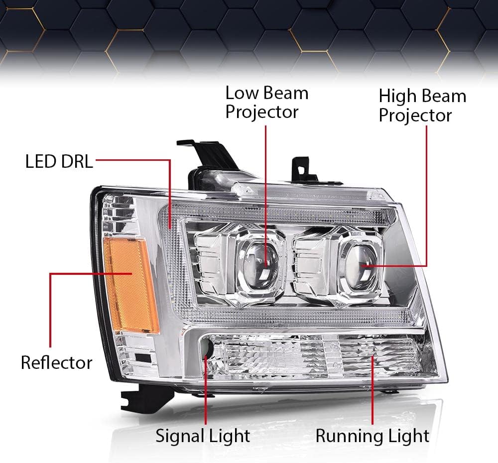 PIT66 LED Tube Dual Projector Headlight Assembly Compatible with 2007-2013 Chevy Avalanche Suburban 2500/2007-2014 Tahoe Headlamps Front Lights Smoke Lens Chrome Housing Clear Reflector